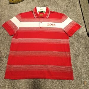 Hugo Boss Shirt XL White Red Gray Stripe Moisture Manager Modern Fit Active Polo